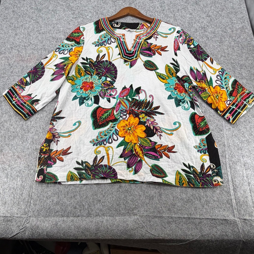 John Mark Womens XL Floral Embroidered Tunic Top V-Neck 3/4 Sleeve White Multi